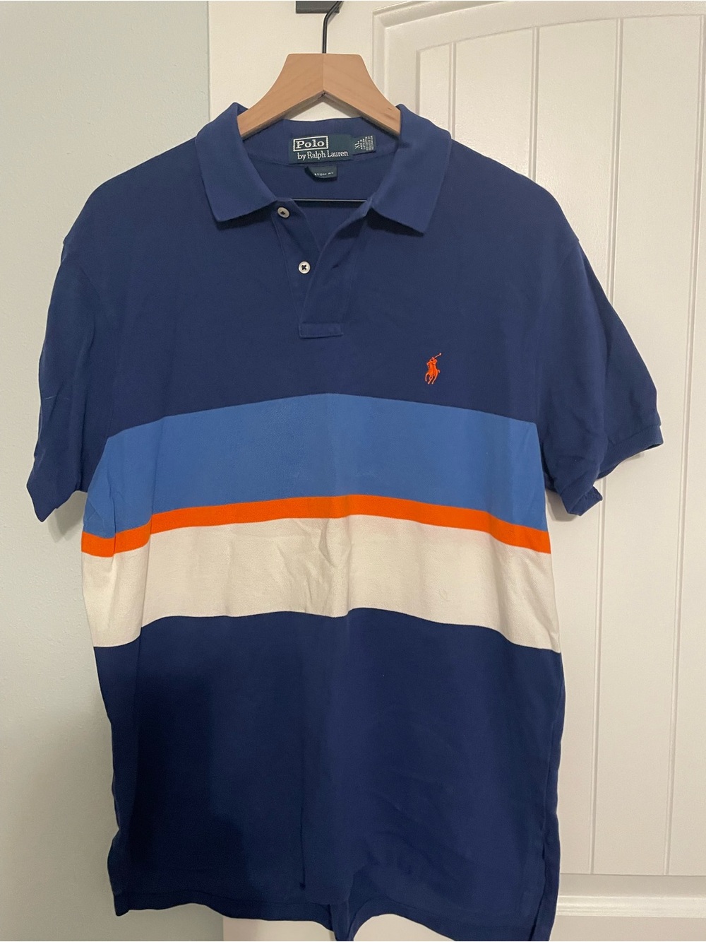 Ralph Lauren Navy Polo with Blue, White & Orange Stripes
